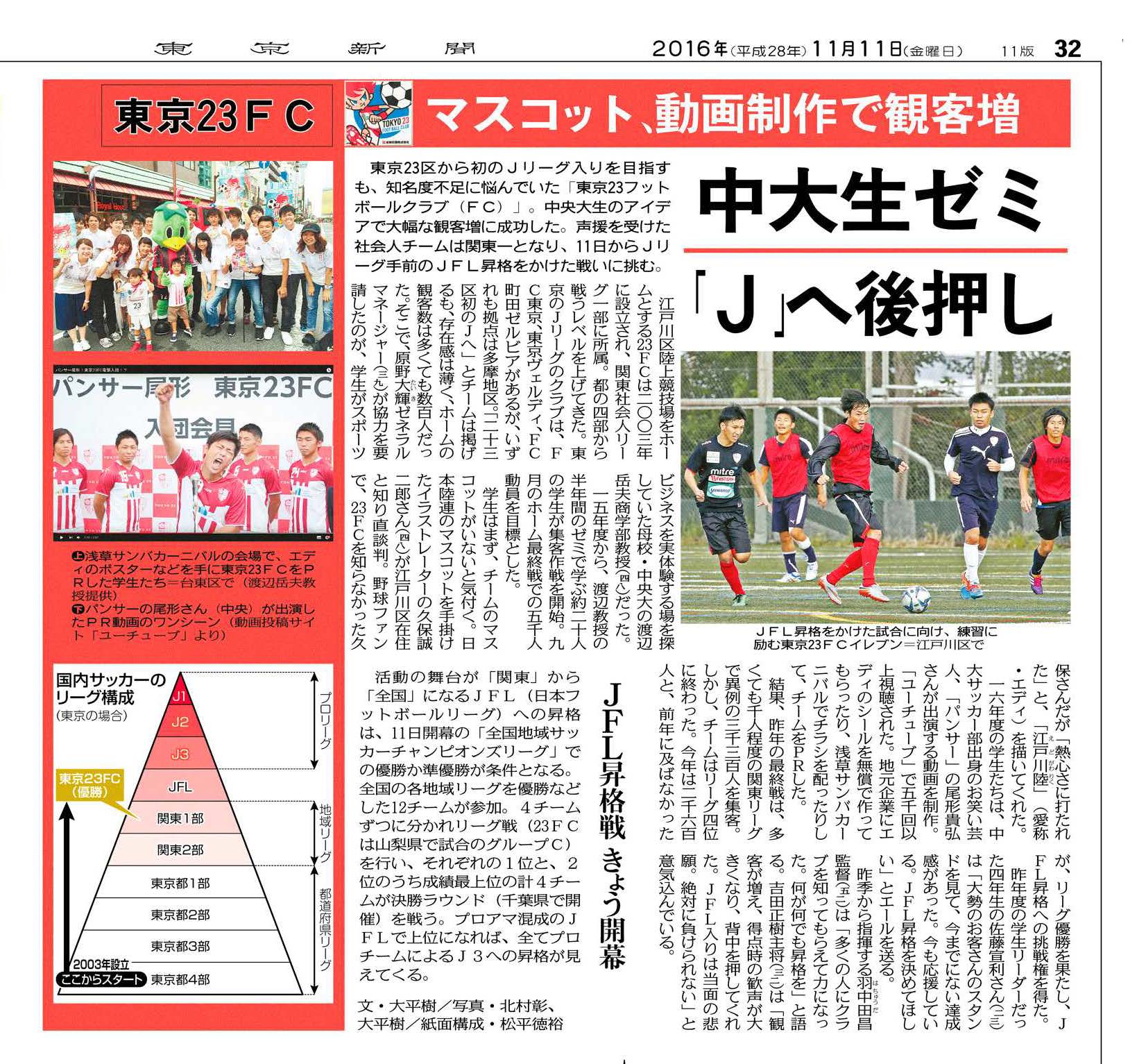 商学部 ビジネス チャレンジ演習 実習 サッカークラブ経営 の活動が東京新聞に掲載されました 中央大学